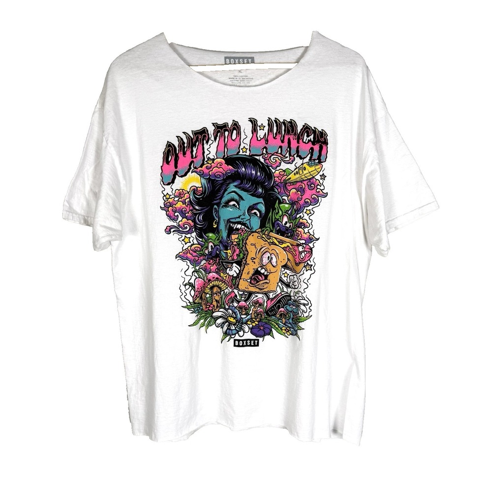 Boxset Out To Lunch Graphic Tee Upcycled Womens XL Colorful Grunge Neon Skater